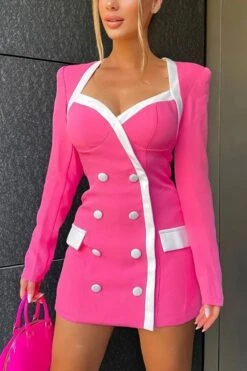 Autumn New Two Colors Contrast Color Stitching High Stretch Square-neck Shoulder Padded Double-breasted Decor Sexy Bodycon Mini Dress Wholesale Bodycon Dresses