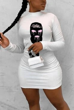 Autumn New Stylish Skeleton Fixed Printing Crew Neck Long Sleeve Slight Stretch Slim Sexy Mini Dress Wholesale Bodycon Dresses