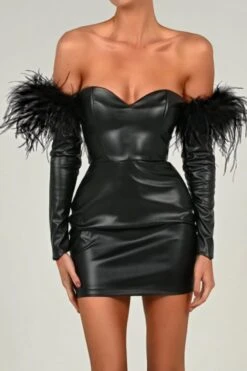 Early Autumn New Stylish Solid Color Pu Feather Zip-up Strapless Backless Slight stretch Slim Sexy Mini Dress Wholesale