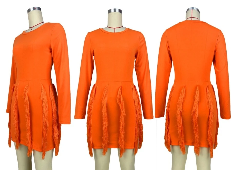 Autumn New 7 Colors Solid Color Slight stretch Slim Tassel Plus Size Stylish Mini Dress Wholesale - Image 8