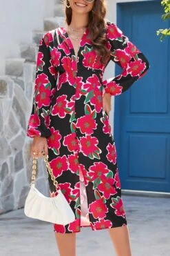 Autumn New Stylish Flower Batch Printing Zip-up V Neck Slit Plus Size Non-stretch Single-breasted Sexy Midi Dress Wholesale Floral Dresses