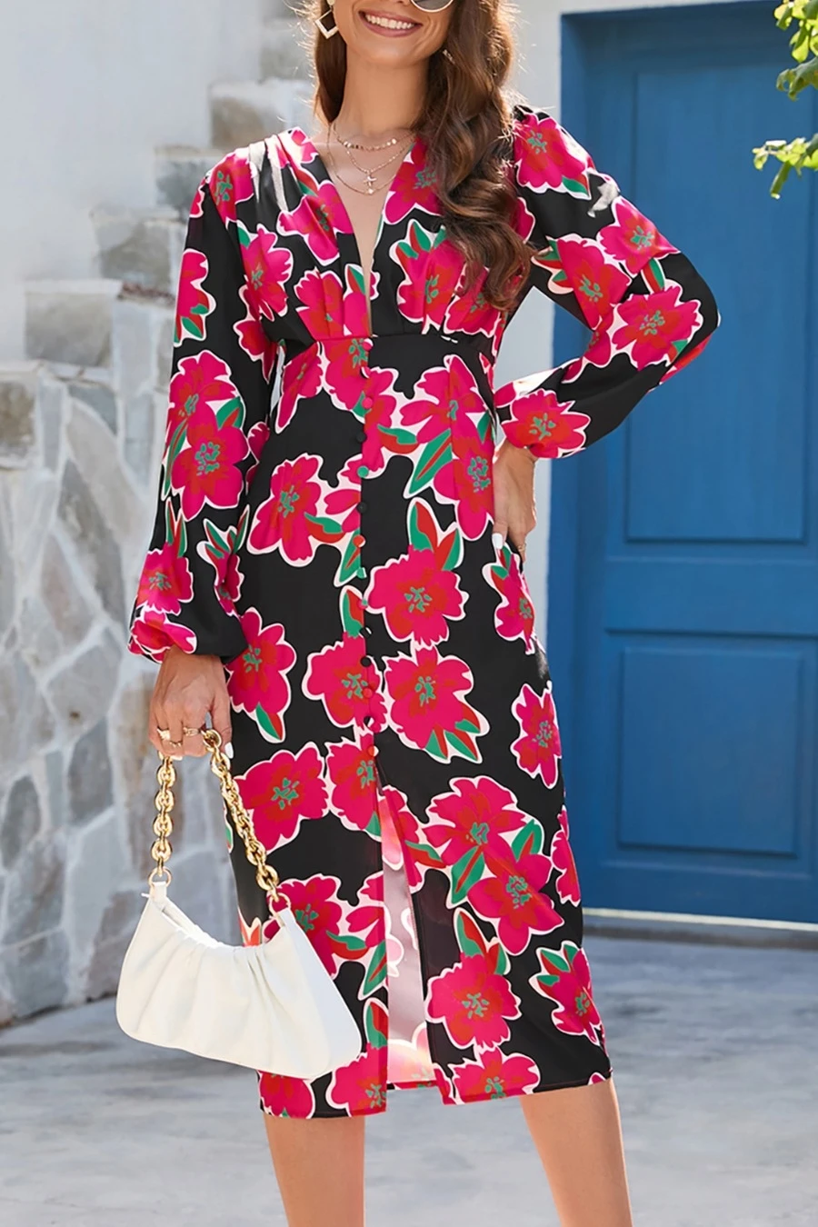 Autumn New Stylish Flower Batch Printing Zip-up V Neck Slit Plus Size Non-stretch Single-breasted Sexy Midi Dress Wholesale Floral Dresses