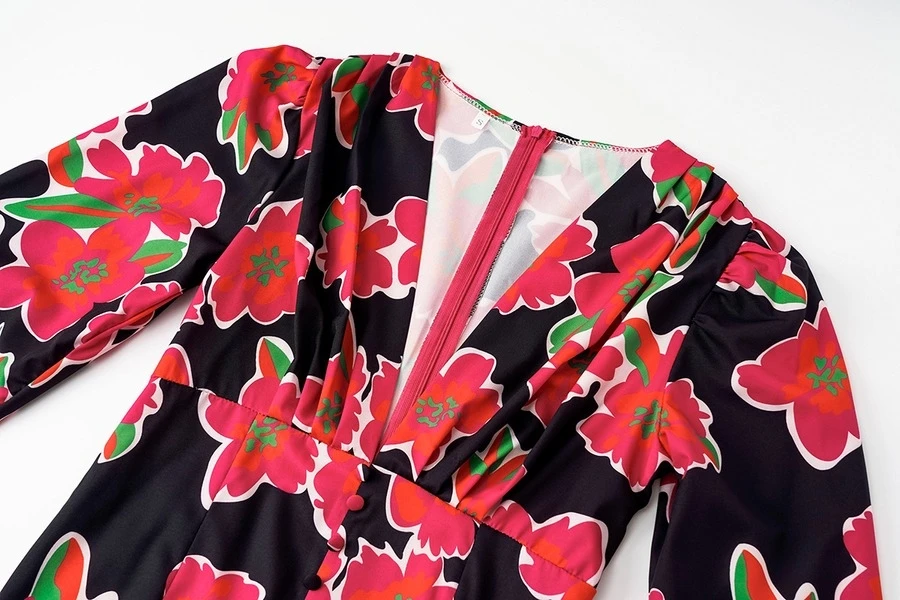 Autumn New Stylish Flower Batch Printing Zip-up V Neck Slit Plus Size Non-stretch Single-breasted Sexy Midi Dress Wholesale Floral Dresses - Image 10