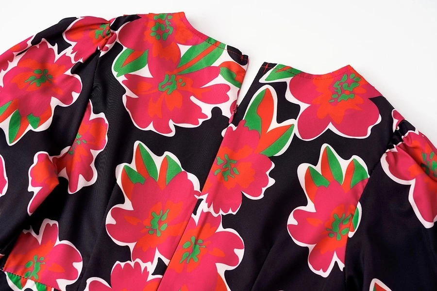 Autumn New Stylish Flower Batch Printing Zip-up V Neck Slit Plus Size Non-stretch Single-breasted Sexy Midi Dress Wholesale Floral Dresses - Image 11