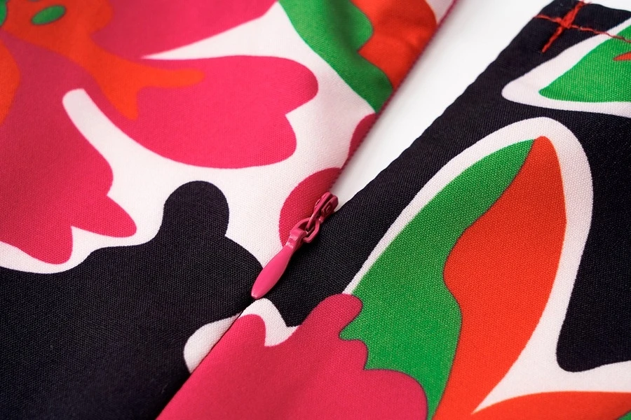 Autumn New Stylish Flower Batch Printing Zip-up V Neck Slit Plus Size Non-stretch Single-breasted Sexy Midi Dress Wholesale Floral Dresses - Image 12