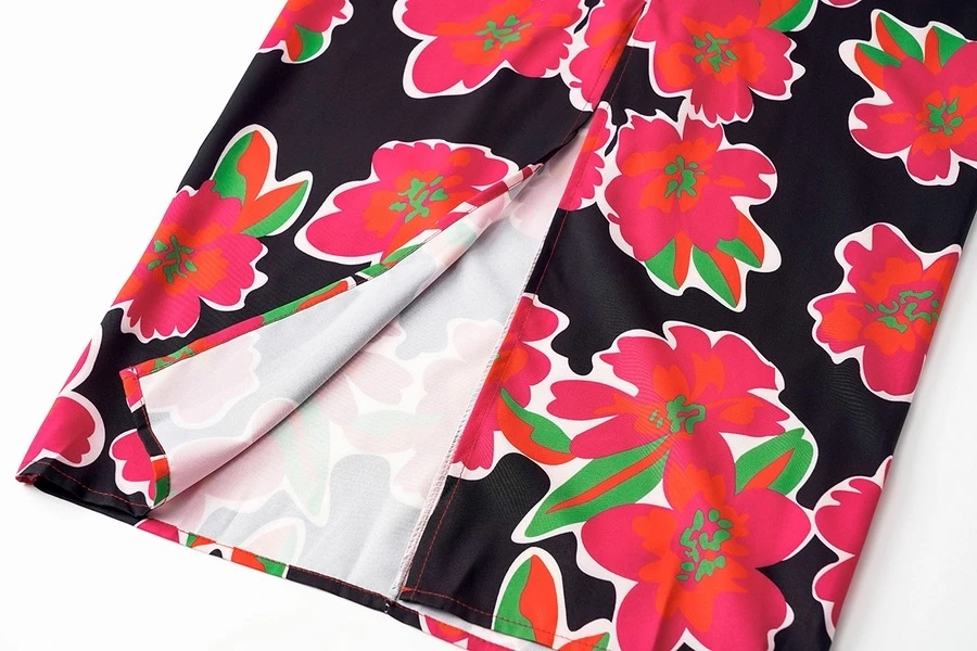 Autumn New Stylish Flower Batch Printing Zip-up V Neck Slit Plus Size Non-stretch Single-breasted Sexy Midi Dress Wholesale Floral Dresses - Image 13