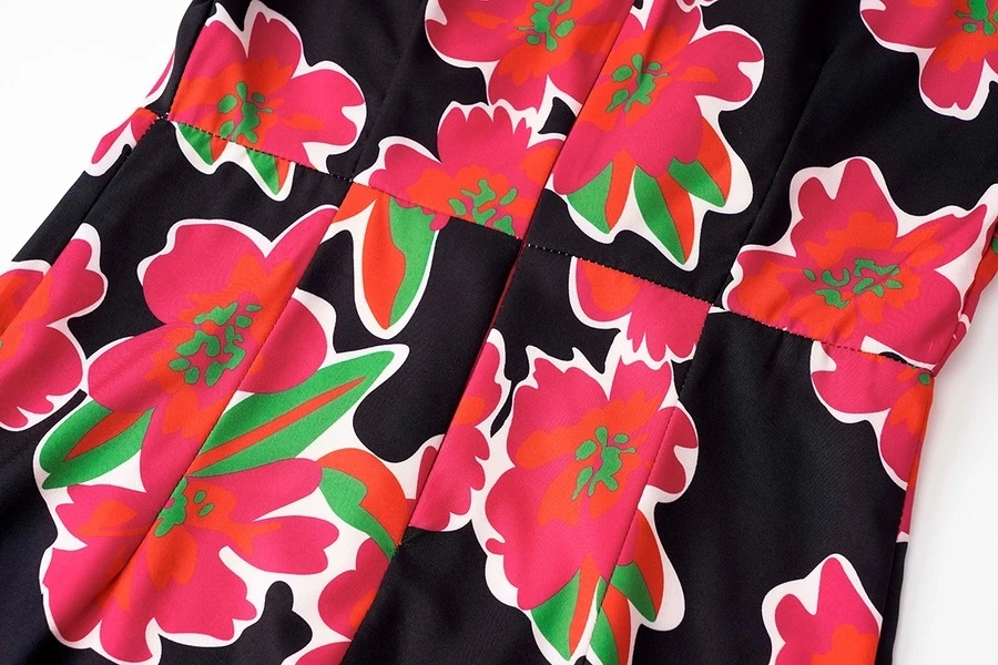 Autumn New Stylish Flower Batch Printing Zip-up V Neck Slit Plus Size Non-stretch Single-breasted Sexy Midi Dress Wholesale Floral Dresses - Image 15