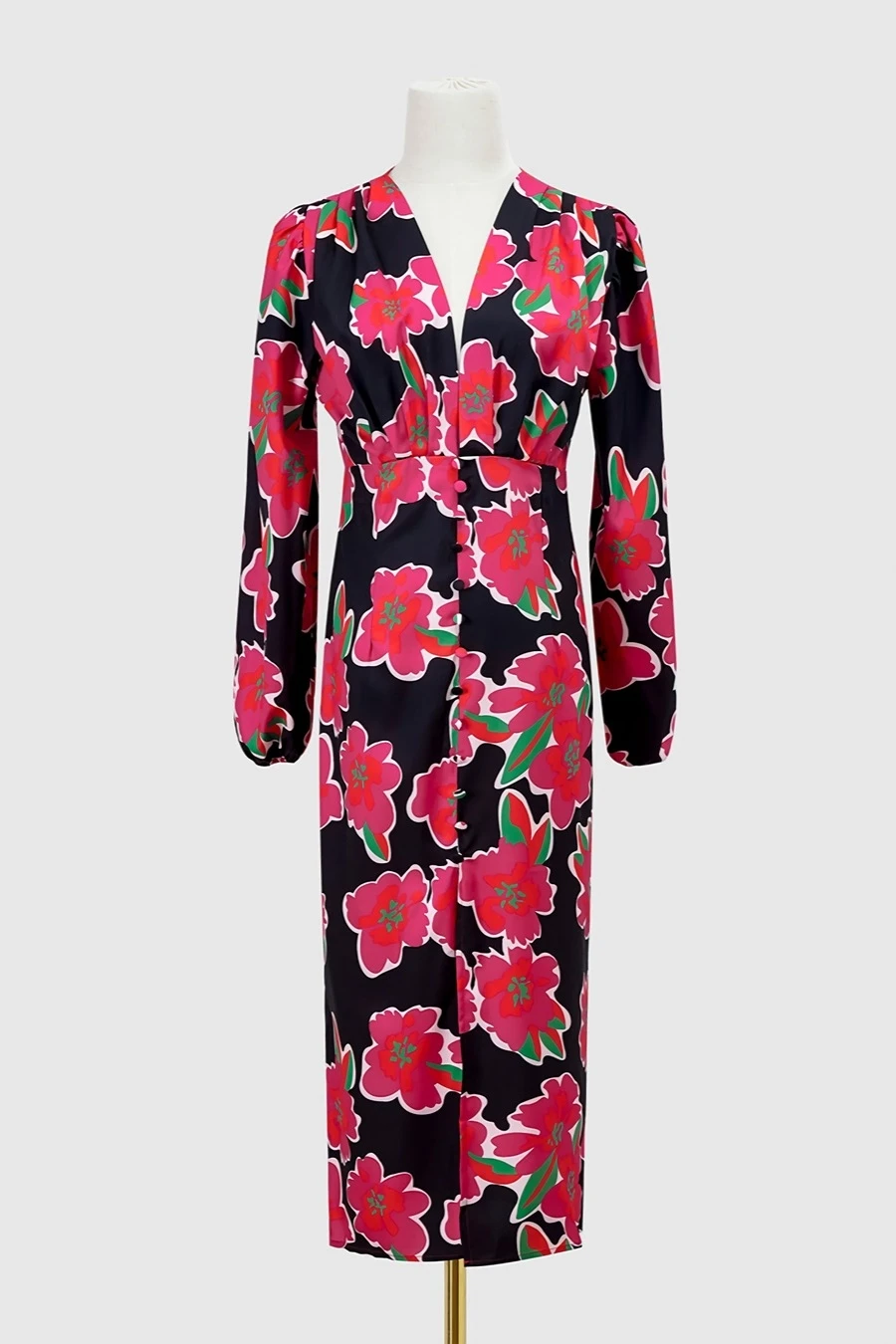 Autumn New Stylish Flower Batch Printing Zip-up V Neck Slit Plus Size Non-stretch Single-breasted Sexy Midi Dress Wholesale Floral Dresses - Image 7