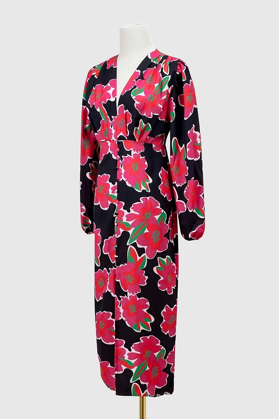 Autumn New Stylish Flower Batch Printing Zip-up V Neck Slit Plus Size Non-stretch Single-breasted Sexy Midi Dress Wholesale Floral Dresses - Image 8