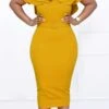 S-3XL Plus Size Summer New 4 Colors Slight Stretch Ruffle Nipped Waist Stylish Classic Midi Dress (with Belt) Wholesale