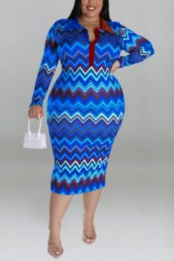 XL-5XL Plus Size Autumn New 5 Colors Wave Printing Stretch Long Sleeves Stylish Midi Dress Wholesale