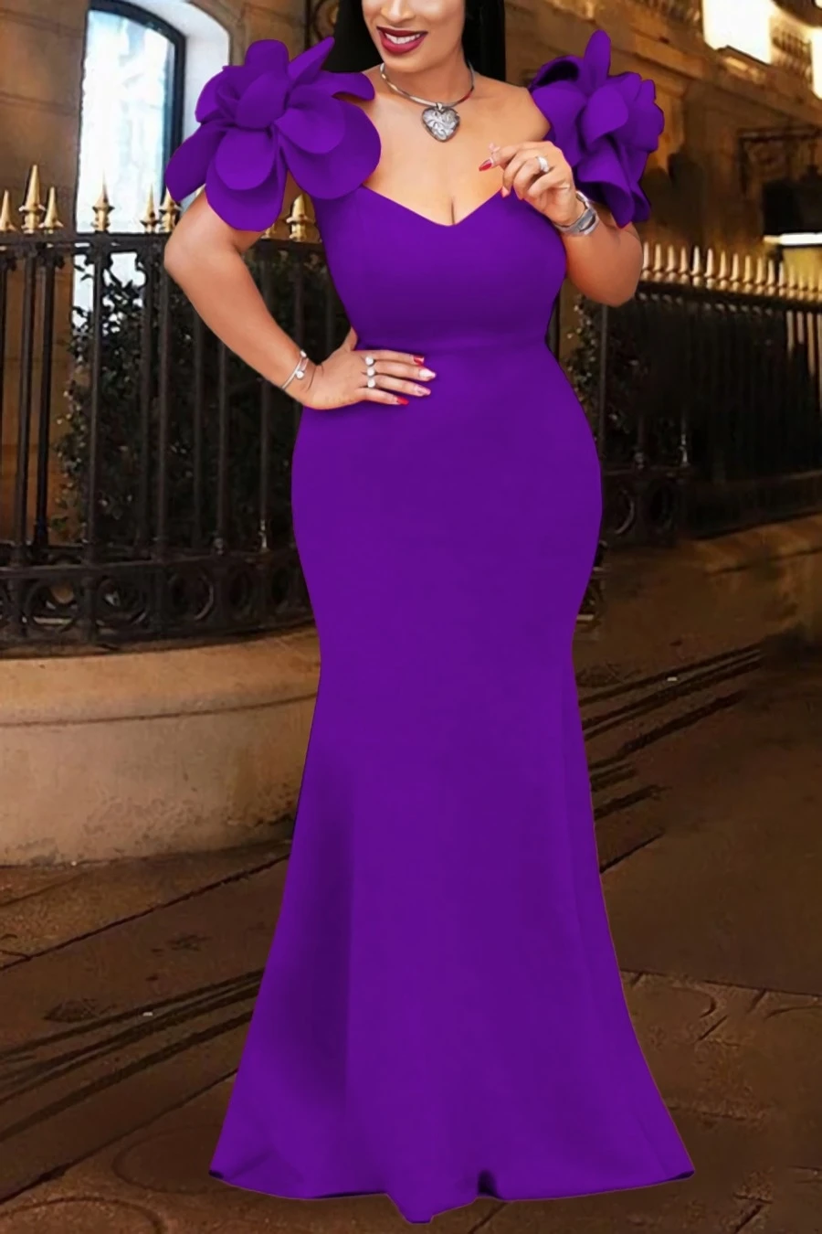 S-4XL Plus Size New Stylish Solid Color Zip-up Slight stretch Flower High Quality Elegant Maxi Evening Dress Wholesale Plus-Size Dresses