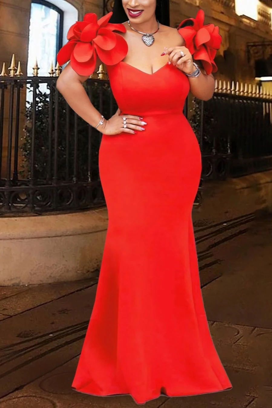 S-4XL Plus Size New Stylish Solid Color Zip-up Slight stretch Flower High Quality Elegant Maxi Evening Dress Wholesale Plus-Size Dresses - Image 2