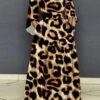 L-3XL Plus Size Autumn New Stylish Leopard Crew Neck Long Sleeve Slight Stretch Casual Maxi Dress Wholesale Maxi&Gown