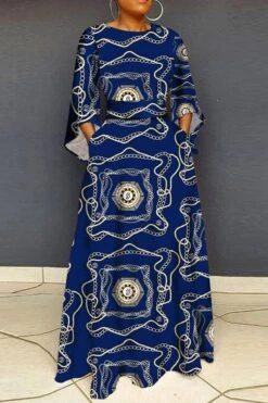 L-3XL Plus Size Autumn New Stylish Chain Batch Printing Crew Neck Long Sleeve Slight Stretch Casual Maxi Dress Wholesale Maxi&Gown