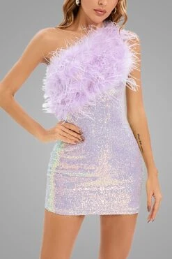 XS-L Early Autumn New Feather And Sequin Decor Stitching Slight Stretch One Shoulder Zip-up Sexy High Quality Bodycon Mini Dress Wholesale