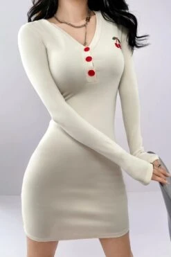 Autumn New Two Colors Cherry Embroidered Slight Stretch V-neck Button Sexy Bodycon Mini Dress Wholesale Bodycon Dresses