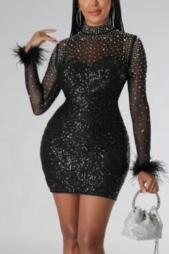 Autumn New Stylish 6 Colors Mesh Patchwork See-through Fuzzy High Quality Slight stretch Zip-up Sequins Rhinestone Plus Size Slim Sexy Mini Dress Wholesale Bodycon Dresses