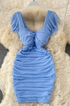 Summer New 4 Colors Slight Stretch Short Sleeve V-neck Shirring Stylish Simple Midi Dress Wholesale Bodycon Dresses