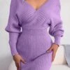 Two Colors Knitted Slight Stretch Sexy Bodycon Mini Sweater Dress Wholesale