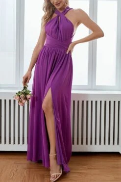 Non Stretch Chiffon Halter Lace Up High Slit Swing Sexy Maxi Dress Wholesale Maxi&Gown