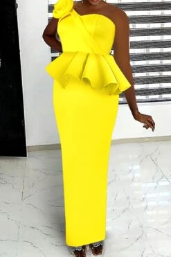 S-4XL Plus Size Slight stretch One Shoulder Slit Zip-up Ruffle Sexy Maxi Dress Wholesale Maxi&Gown