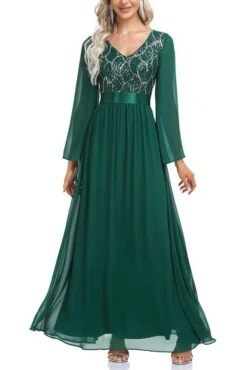 Plus Size Non-stretch Chiffon Sequin V-neck Elegant Maxi Dress(with Lining) Wholesale Sparkling Dresses