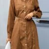 Non-stretch Solid Color Single-breasted Pocket Belt Corduroy Casual Mini Dress Wholesale Mini Dresses