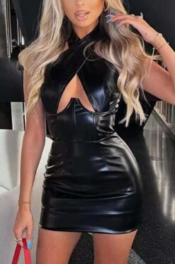 Slight stretch Pu Hollow Zip-up Halter Neck Slim Sexy Mini Dress(with Underwire) Wholesale Sexy Dresses