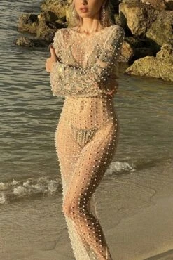 Stretch See-through Mesh Pearl Rhinestone Sexy Maxi Dress Wholesale