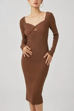 Slight stretch Solid Color 4-colors Hollow Ribbed Knit Slim Sexy Midi Dress Wholesale Bodycon Dresses
