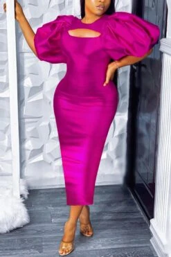 S-4XL Plus Size Slight stretch Solid Zip-up Hollow Puff Sleeve Sexy Midi Dress Wholesale Sexy Dresses