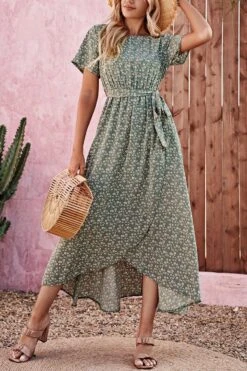 XS-L Non-stretch Floral Batch Printing With Belt Casual Midi Dress Wholesale