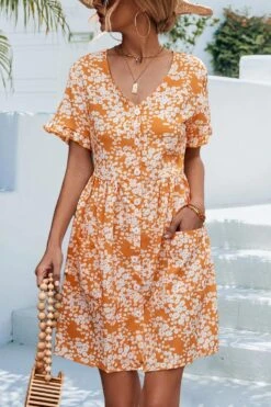 Non-stretch Orange Floral Batch Printing Button Pocket V Neck Casual Mini Dress Wholesale Floral Dresses