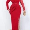 Sexy Plus Size Slight stretch Mesh Patchwork Belt Pleated Zip-up Maxi Dress Wholesale Maxi&Gown