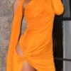 Sexy Slight stretch Orange Shirring Slim Kink Hollow One Shoulder Mini Dress Wholesale Mini Dresses