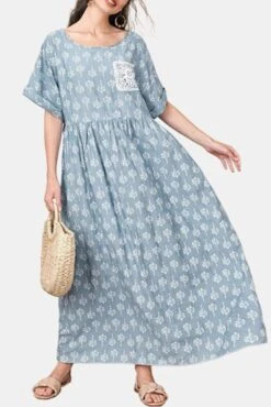 Casual Non-stretch Batch Printing Cutout Pocket Design Loose Maxi Dress Wholesale Maxi&Gown