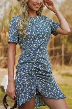 Retro Non Stretch Floral Printing Drawstring Ruffle Mini Dress Wholesale Mini Dresses