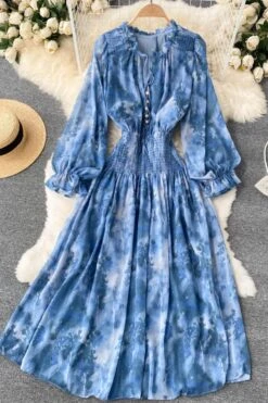 Casual Chiffon Slight stretch Tie-dye Batch printing Shirring Waist Maxi Dress Wholesale Maxi&Gown