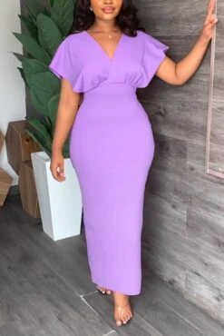 Stylish 3 Colors Slight Stretch V-neck Slit Solid Color Maxi Dress Wholesale Maxi&Gown