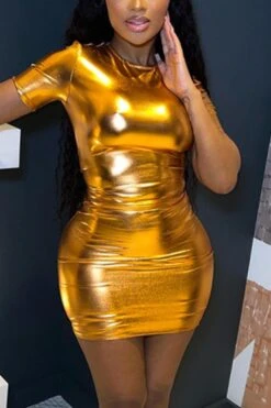 Sexy Slight stretch Simple 4 Colors Solid Color Slim Holographic fabric Mini Dress Wholesale