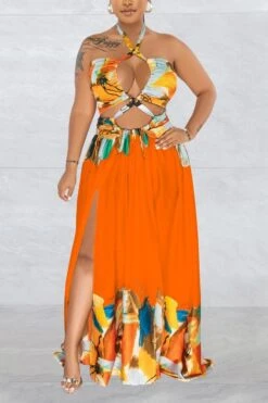 Sexy Plus Size Slight stretch Orange Halter Printing Backless Slit Maxi Dress(with Bring) Wholesale Maxi&Gown