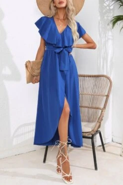 Stylish Non-stretch Solid Color Chiffon Belt Ruffled V-neck Midi Dress Wholesale Midi Dresses