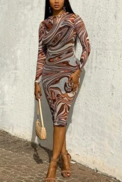 Sexy Slight Stretch Batch Printing Round-neck Long Sleeve Bodycon Midi Dress Wholesale Bodycon Dresses