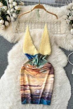 Sexy Stretch Knitted Batch Printing Halter-neck Backless Bohemian Mini Dress Wholesale