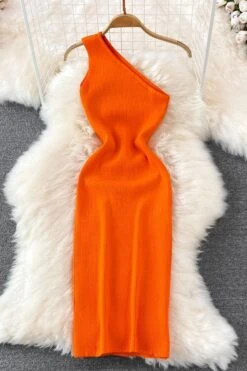 Stylish 7 Colors Stretch Knitted One Shoulder Sleeveless Slim Midi Dress Wholesale