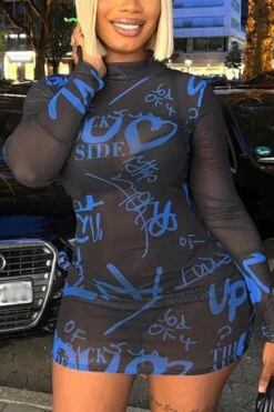 Sexy Slight Stretch See Through Mesh Letter Printing Mini Dress(no Underwear) Wholesale