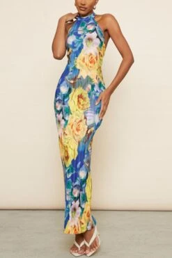 Sexy Slight Stretch Flower Batch Printing Halter-neck Maxi Dress Wholesale
