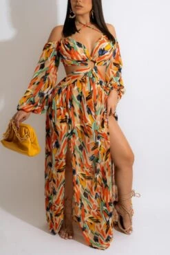 Sexy Plus Size Slight stretch Printing High Slit Hollow Halter Neck Maxi Dress Wholesale Sexy Dresses