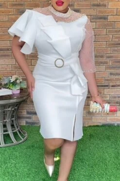 Sexy Plus Size Slight Stretch Pearl Rhinestone Mesh Stitching Slit Midi Dress Wholesale Sexy Dresses
